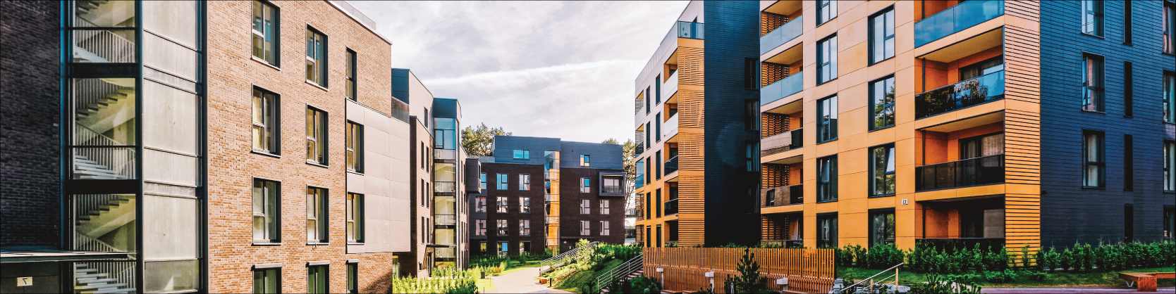 Low-rise apartment buildings in a community