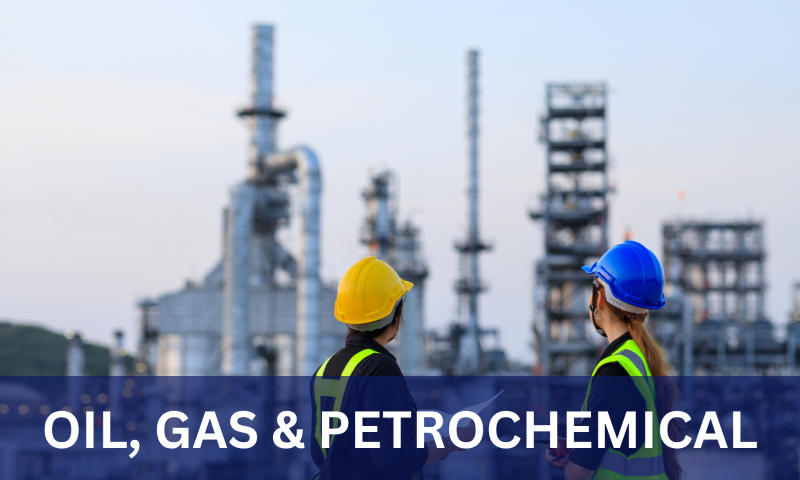 Oil, gas and petrochemical plant and workers in hard hat. 
