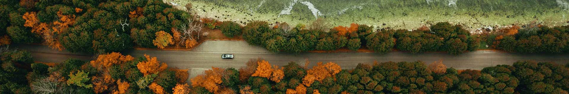An aerial view of a car driving on a highway in a lush forest