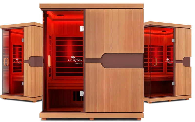 Three Sunlighten mPulse Intelligent infrared saunas with red light therapy. 