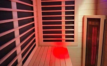 The interior of a Sunlighten Amplify sauna showing the additional heaters for high intensity heat. 