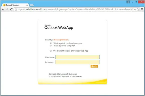 Outlook Web Access in use and accessible from any browser for mail.clintonemail.com in March 2015 (first date of use cannot be confirmed by Venafi).