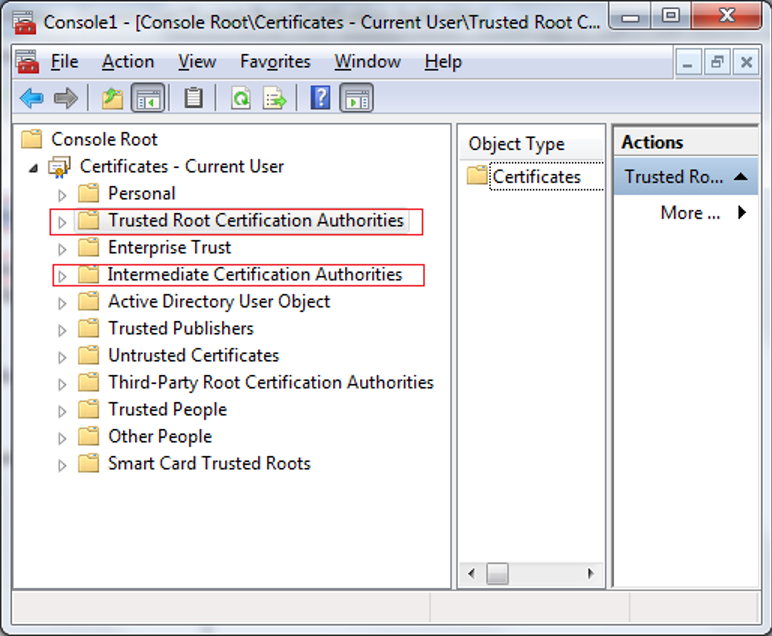 The location of certification authorities within the console root in Windows.