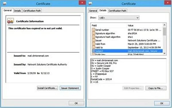 First clintonemail.com digital certificate obtained in 2009 from Network Solutions
