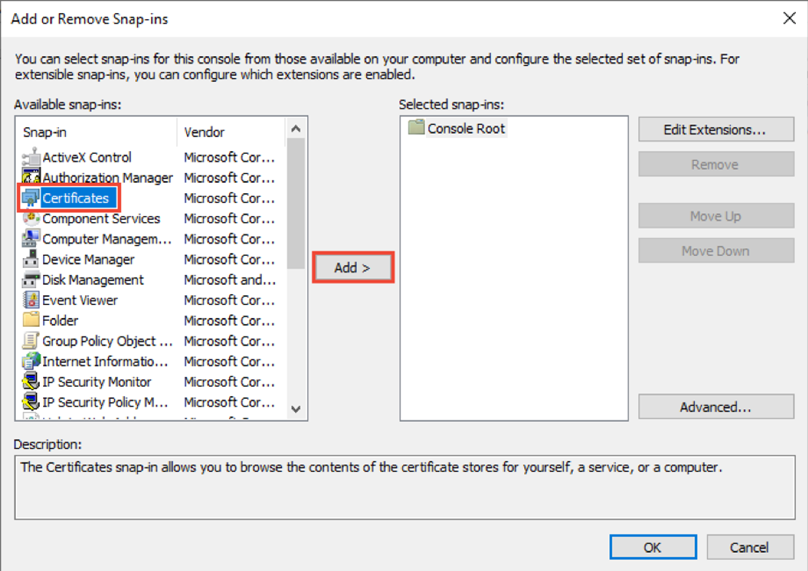 The available snap-ins list box, showing how to add the selected-snap ins.