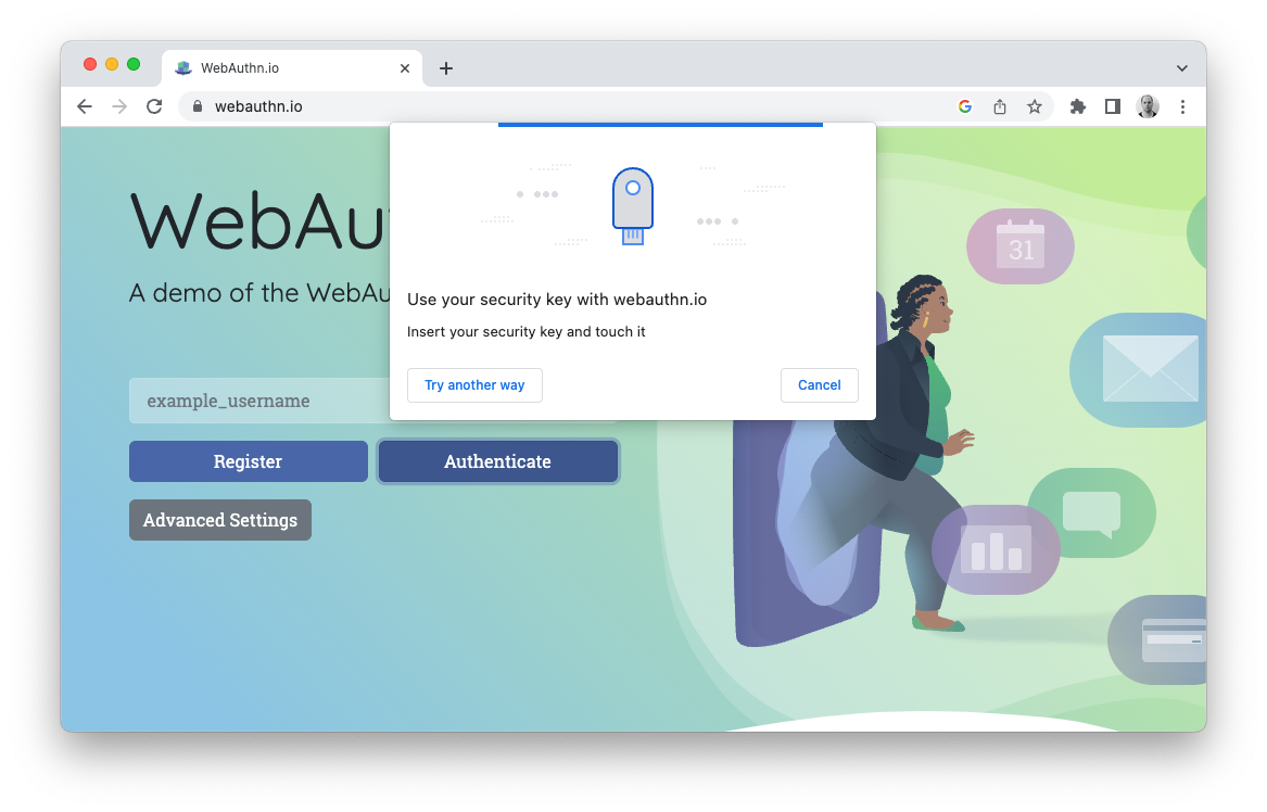 A website prompting for a security key