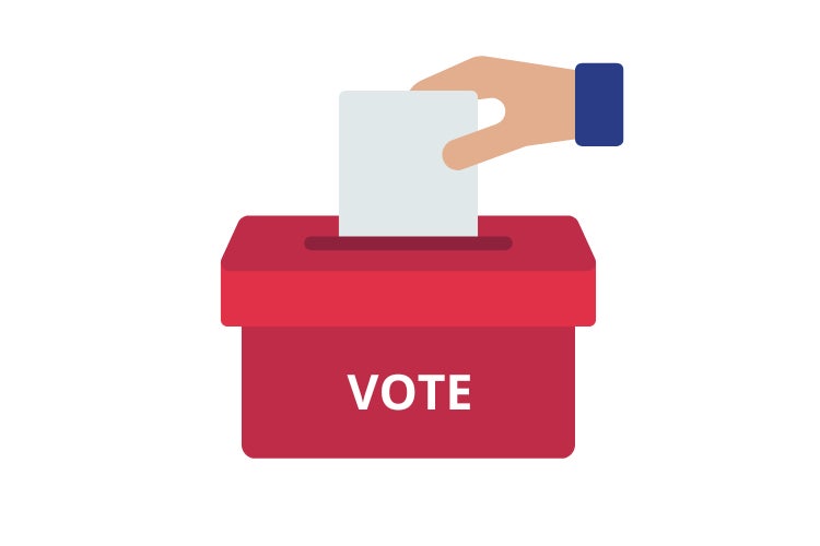 An illustration of a hand putting a ballot paper into a ballot box. 