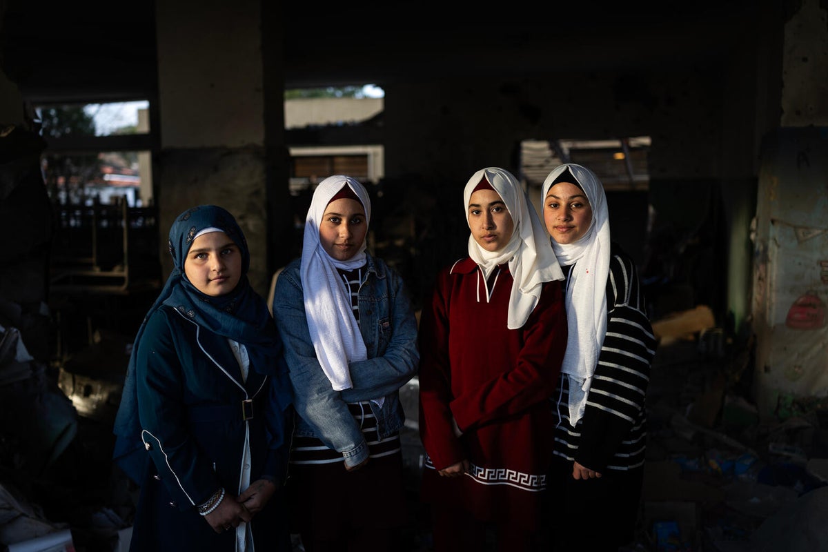 Students inside their destroyed school. 
