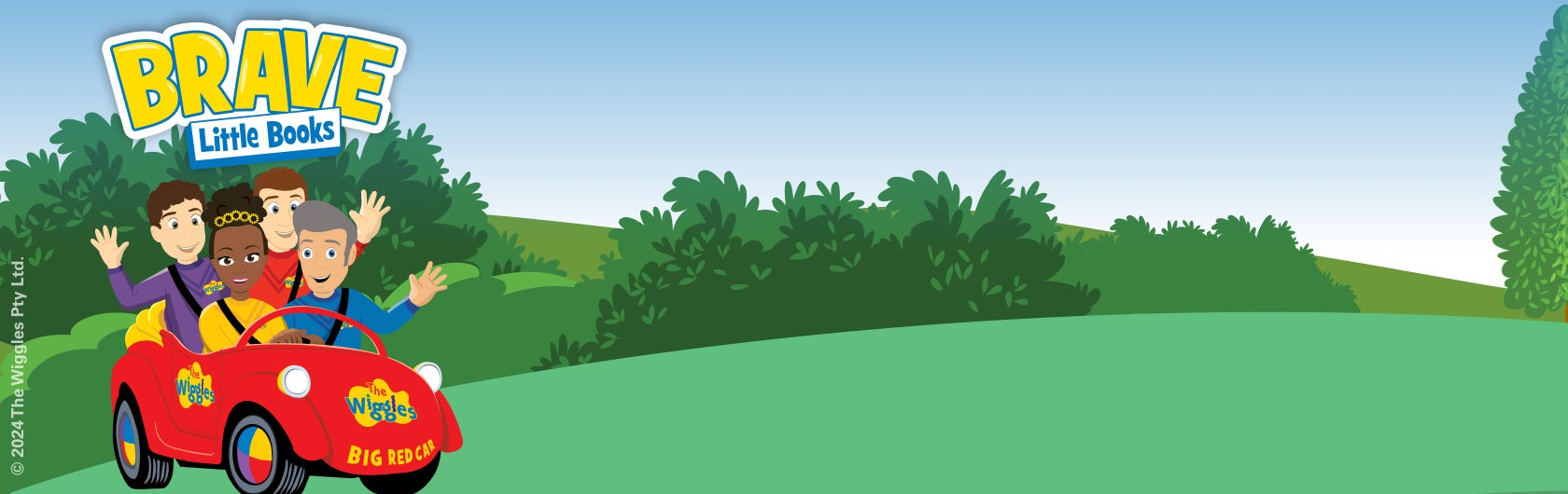 The Wiggles sitting inside the Big Red Car.