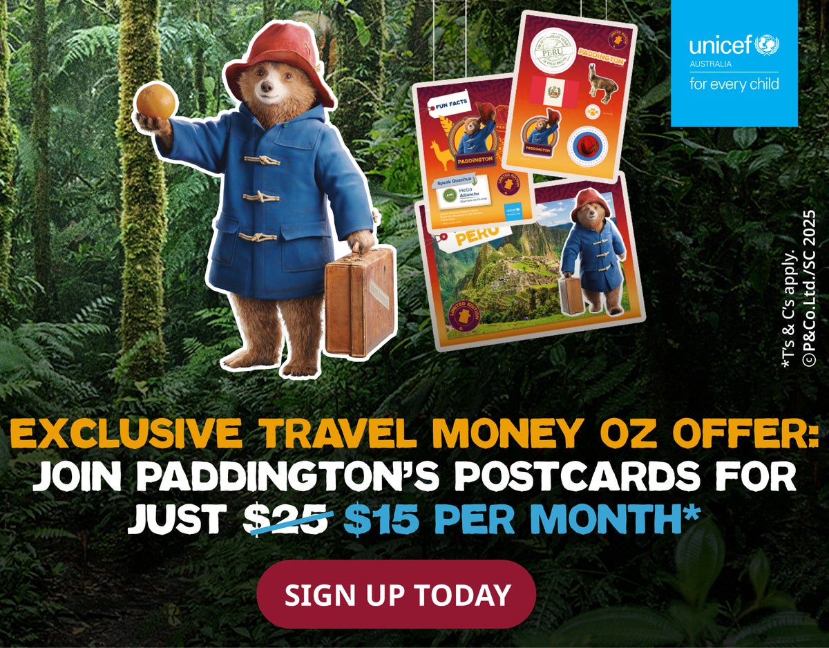 Paddington Bear holds an orange in front of a jungle background. Text reads: Free Paddington in Peru Pack. Sign Up Today.