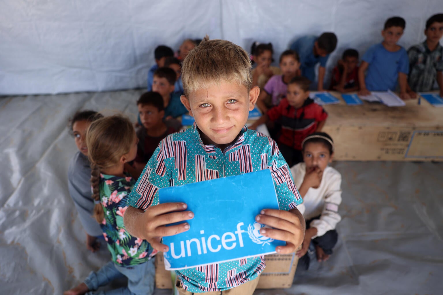 Children in Gaza are in a UNICEF-supported learning centre.
