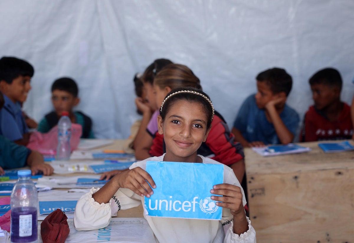10-year-old Tala attends lessons at a UNICEF-supported safe learning centre in the State of Palestine. 
