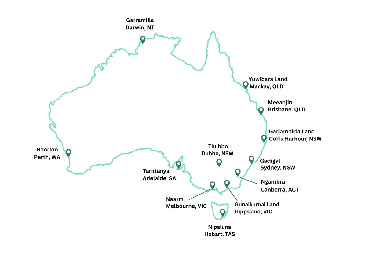 A map illustration labelling all the locations LCOYs took place in Australia in 2025.
