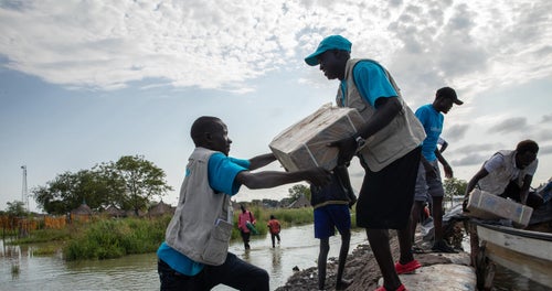 UNICEF teams deliver supplies to a remote community in South Sudan.