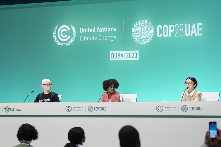 On 6 December 2023, UNICEF Youth Advocates brief press during the UN Climate Change Conference (COP28) at Expo City Dubai in United Arab Emirates. 