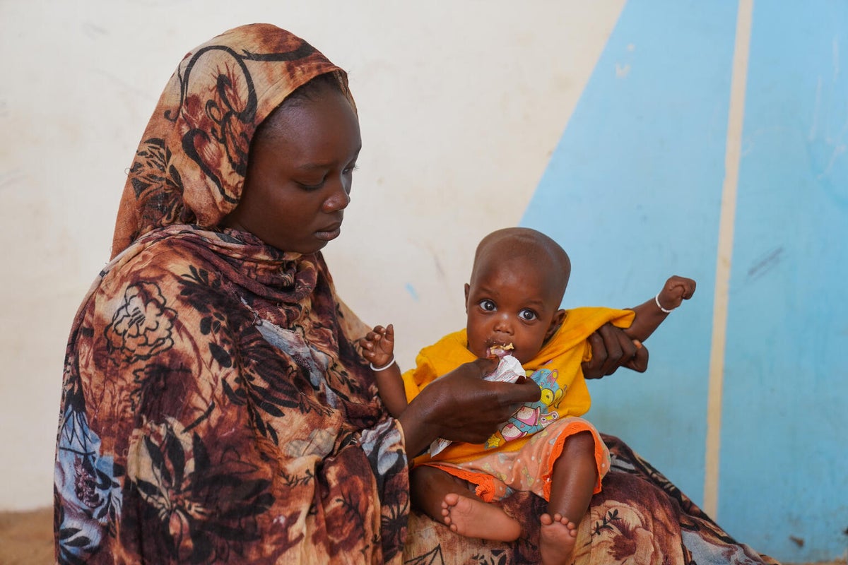 Hadiat feeds her eight-month-old daughter, Fatima, with ready-to-use therapeutic food at a UNICEF-supported health facility. 