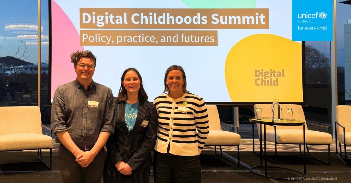 UNICEF Australia Young Ambassador Chelsea poses for a photo with the UNICEF Australia Policy and Advocacy team at the Digital Childhoods Summit.