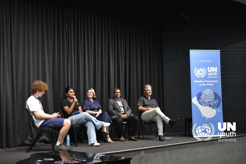 UNICEF Australia Young Ambassador Ashwini speaks during a panel discussion at the UN Youth NSW state conference. 