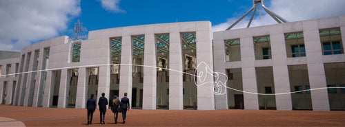 A group of students entering Parliament House.