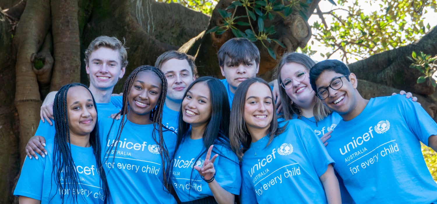 A group of UNICEF Australia Young Ambassadors pose for a group photo. 
