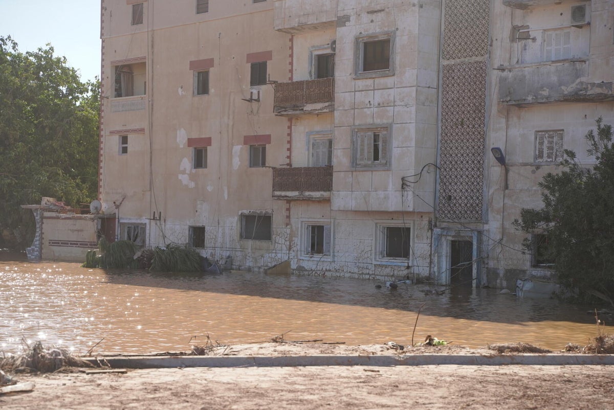 On 13 September 2023, in the aftermath of Storm Daniel, floodwaters are seen on the streets of Derna, eastern Libya.