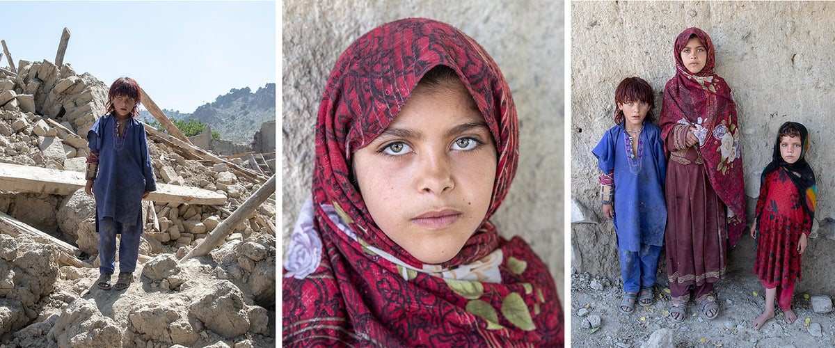 Zaid, 6, stands in the rubble of his home where most of his family died as a result of the devastating earthquake in June. 