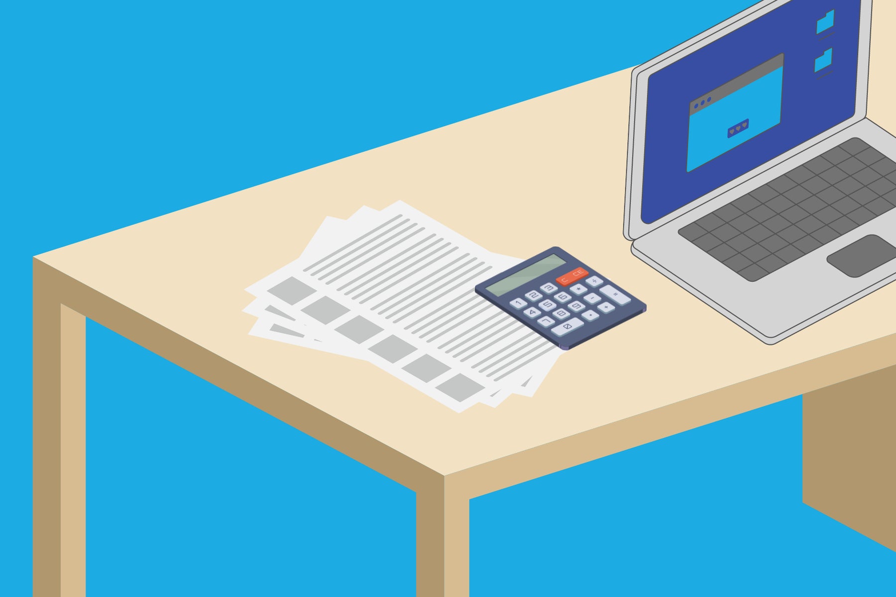 An illustration of a desk with a laptop, paper, calculator and pens