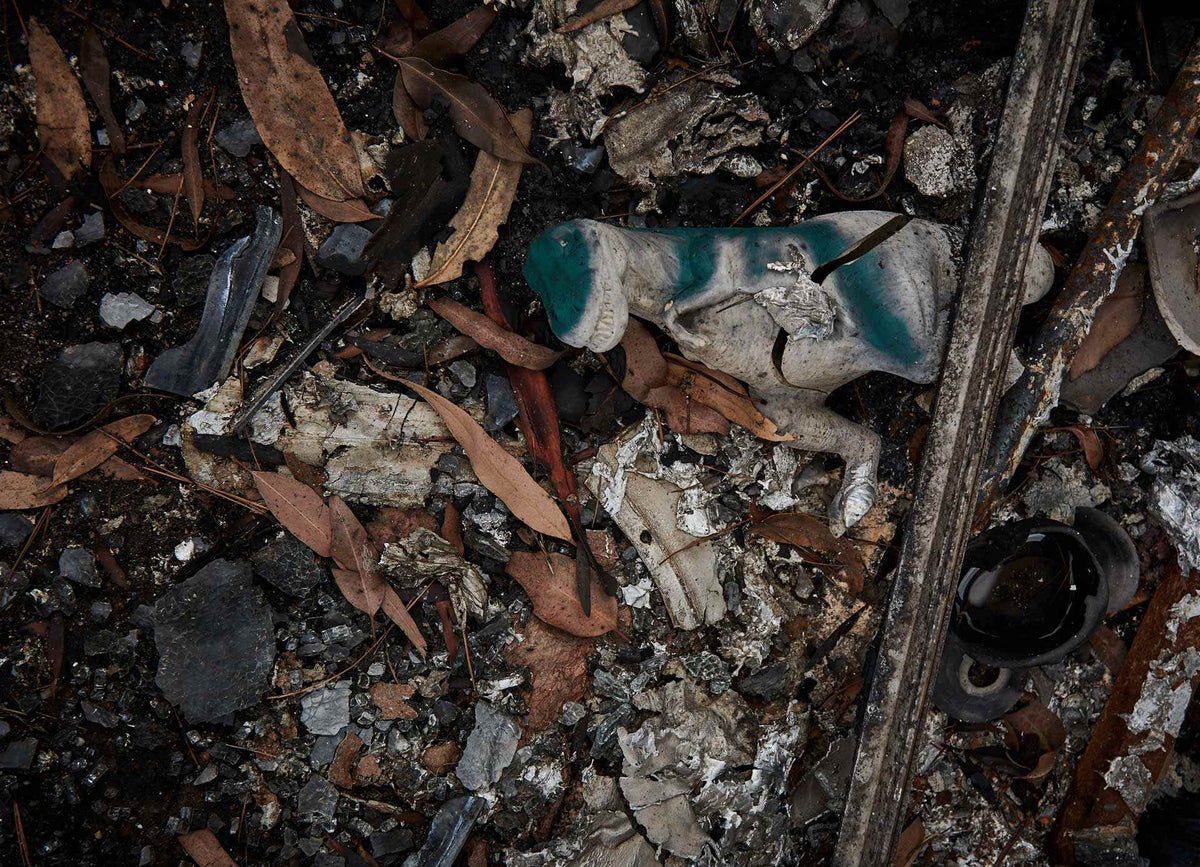 A pile of burns rubbish where a toy dinosaur can be seen