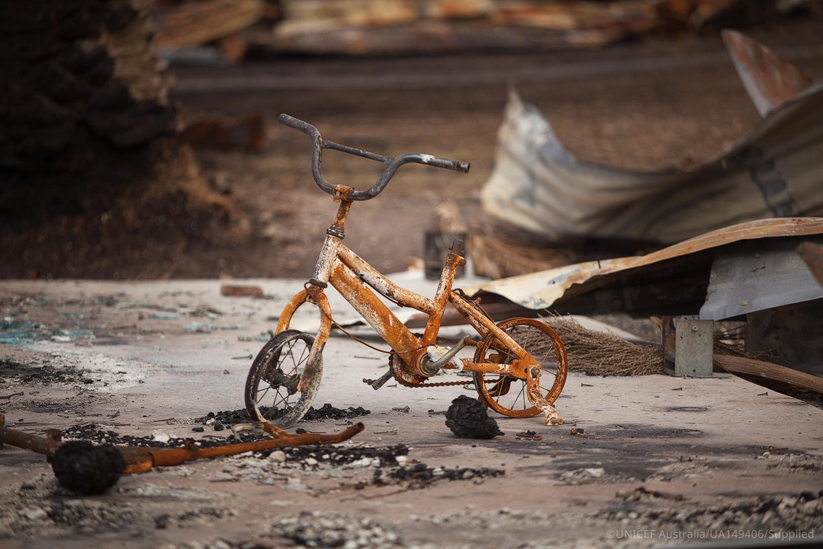 A damaged child-sized bike lies among the ruins of a house after a bushfire. 