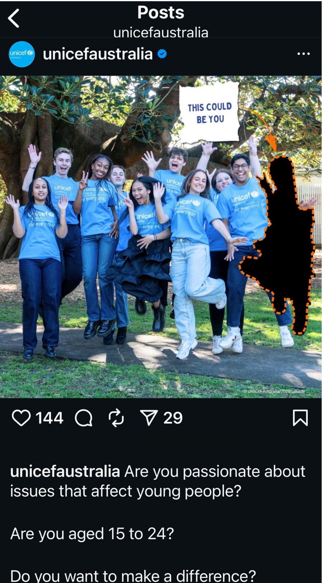 A screenshot of a UNICEF Australia post on Instagram recruiting for Young Ambassadors. 