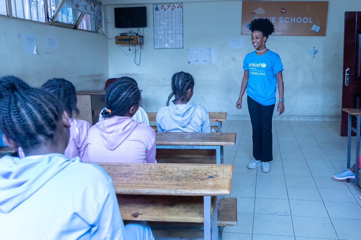 Tsehay in Ethiopia with a group of students