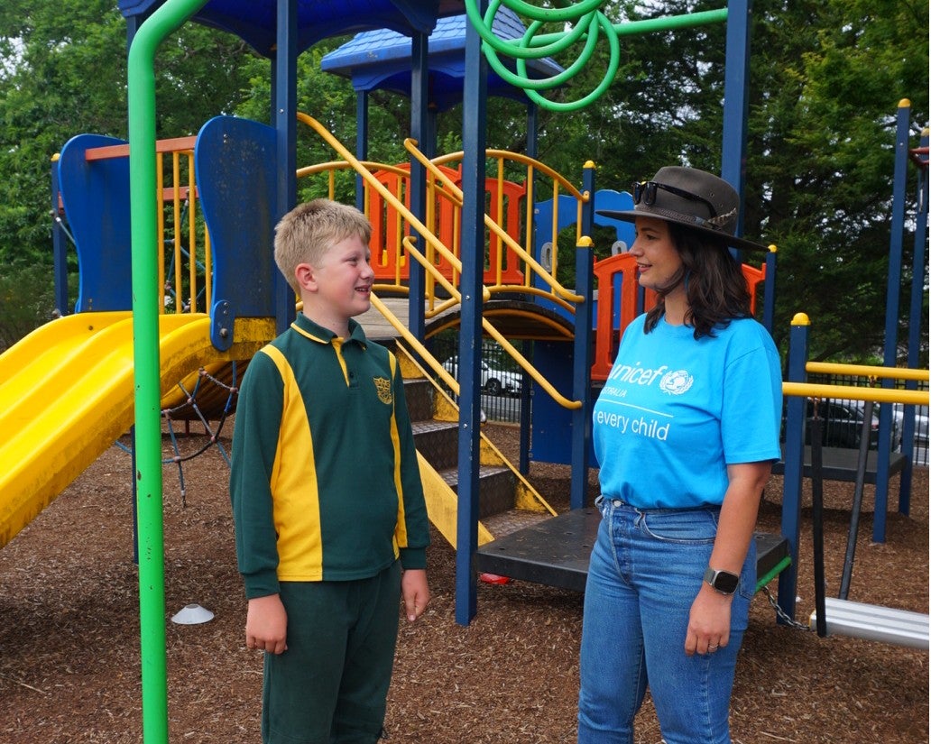 Rae Johnston visiting a school for World's Children Day in Australia.