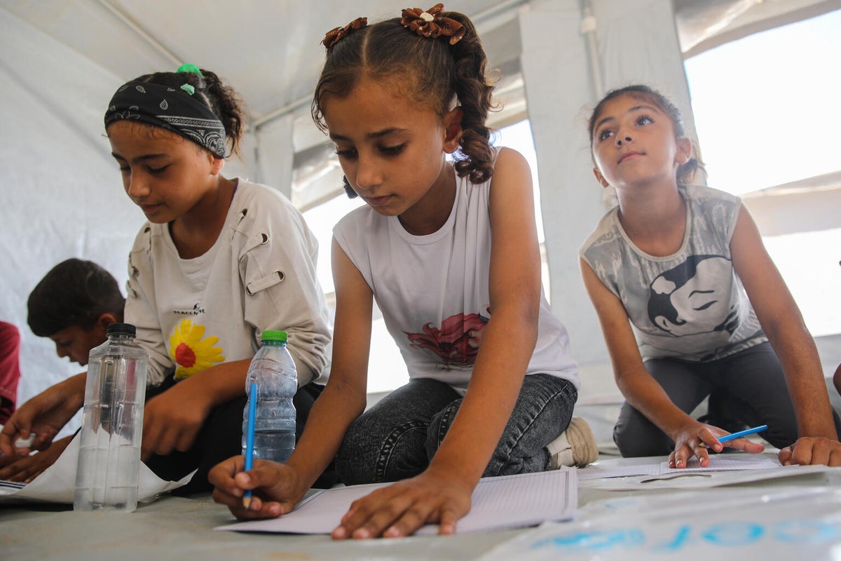 In Gaza, UNICEF provides children with access to safe learning spaces, ensuring they continue to receive essential education in core subjects like Arabic, English, Math, and Science. 