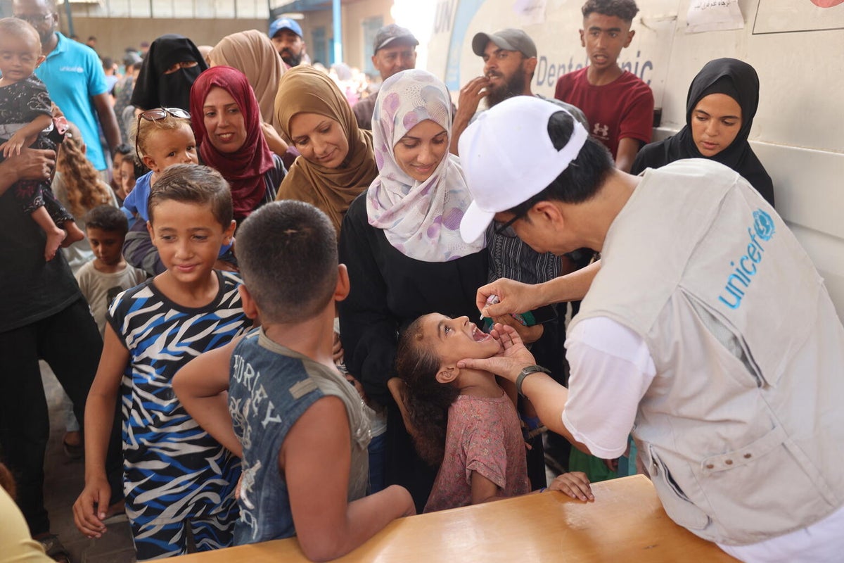 UNICEF staff administer polio vaccines at the UNRWA health clinic in the centre of the Gaza Strip.  