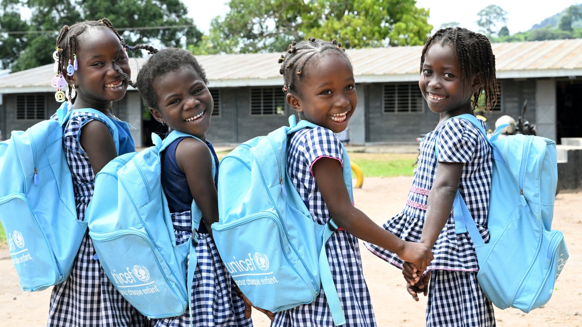 School children wearing UNICEF School Bags