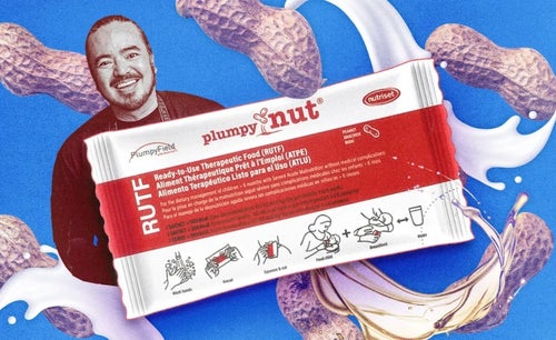 Graphic showing man, peanuts and package.