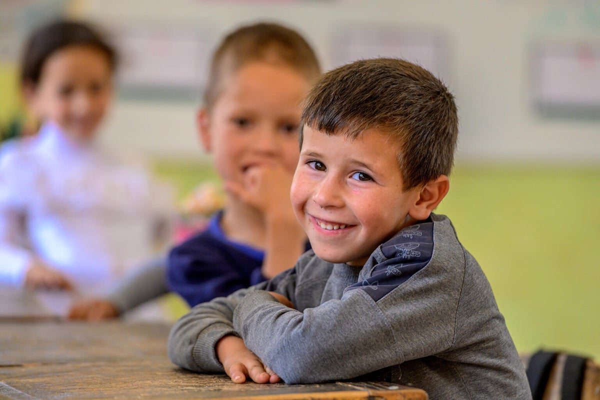 A 7-year-old boy returns to school following the September 2023 earthquake in Morocco.