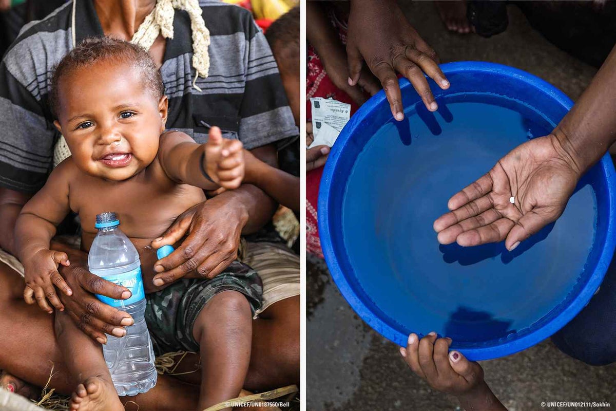 Picture on left is baby with an open bottle of water. Picture on left is a blue tray of water with a hand hovering over the top holding a small white pill.