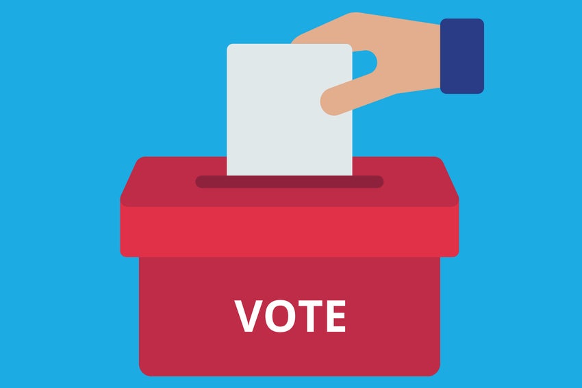 An illustration of a hand putting a ballot paper into a ballot box.