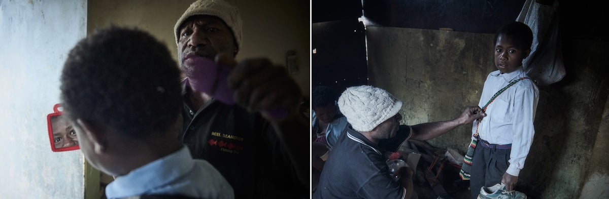 David helps his children get ready for their last day of school for the semester