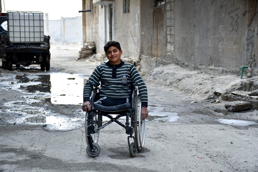 In Syria, Yahia, who is now 13 years old, lost his legs at the age of six when a shell exploded near his house.