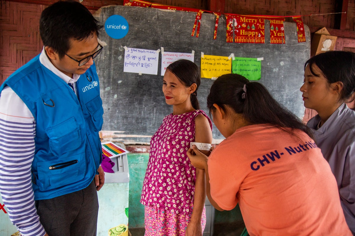 A mother-to-be undergoes nutrition screening during a nutrition awareness session organised by UNICEF Myanmar.