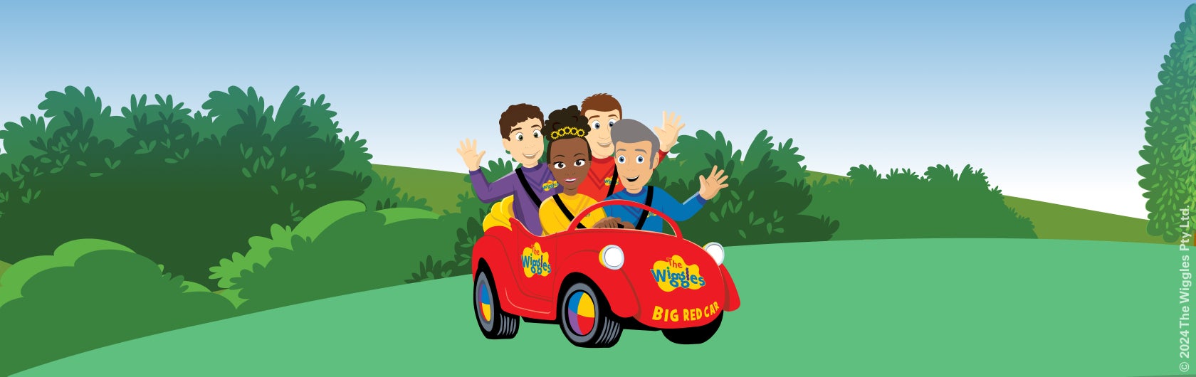 The Wiggles sitting inside the Big Red Car.