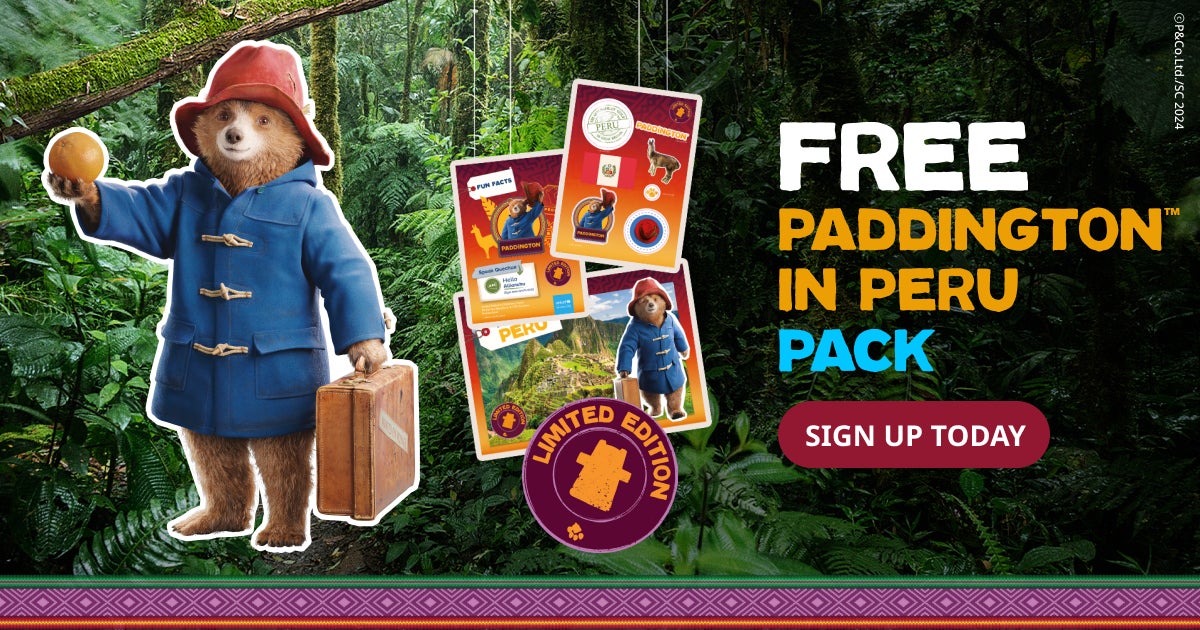 Paddington Bear holds an orange in front of a jungle background. Text reads: Free Paddington in Peru Pack. Sign Up Today.