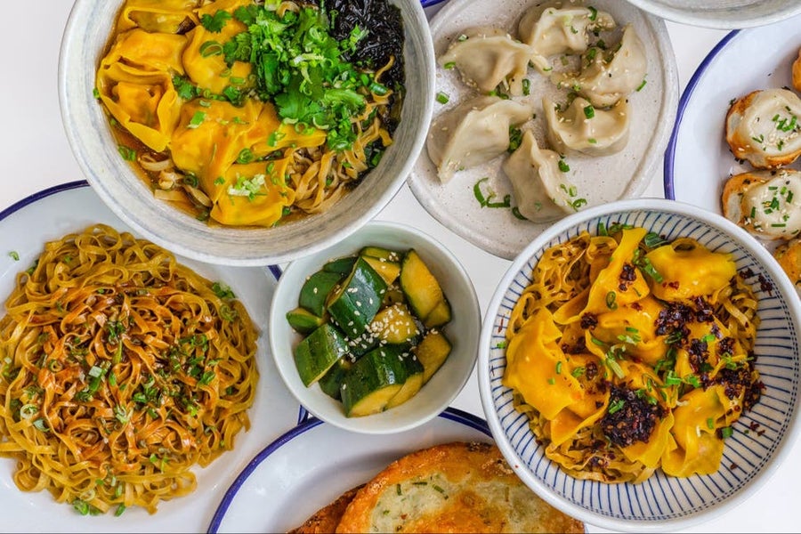 Pan fried dumplings and hand pulled noodles by Dumpling Shack X Fen Noodle at The Collective Canary Wharf