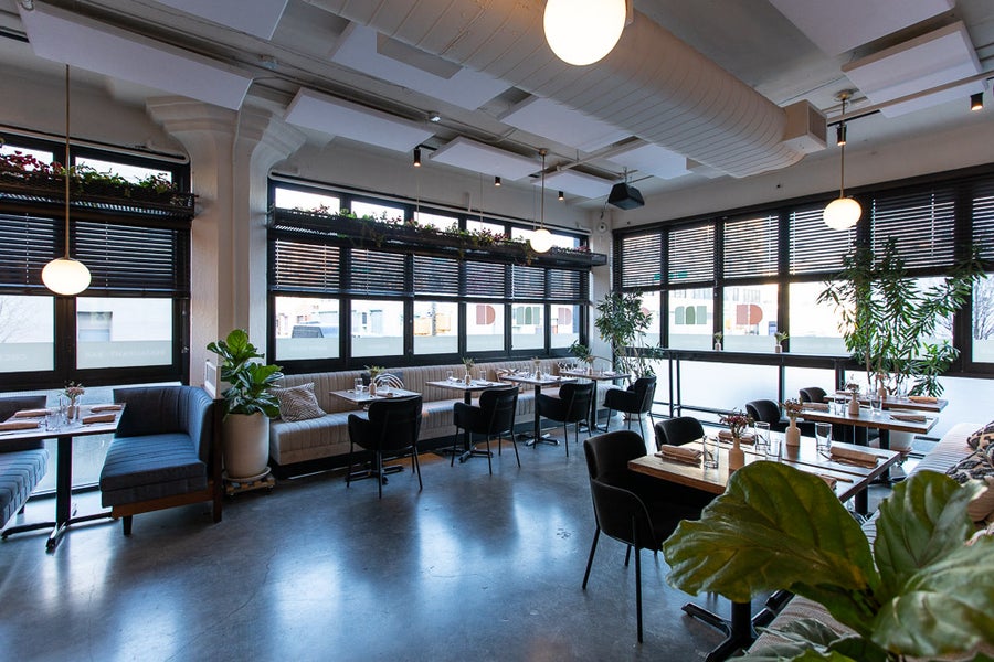 Front of restaurant dining set-up at Paper Factory 