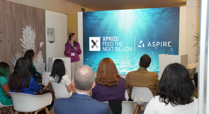 Lauren Greenlee stands in front of a room, presenting slides on the Food + Water + Waste domain