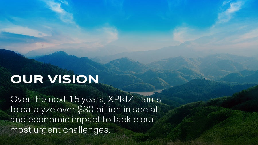 A photograph of mountains fading into the distance with text overlaid about XPRIZE's mission