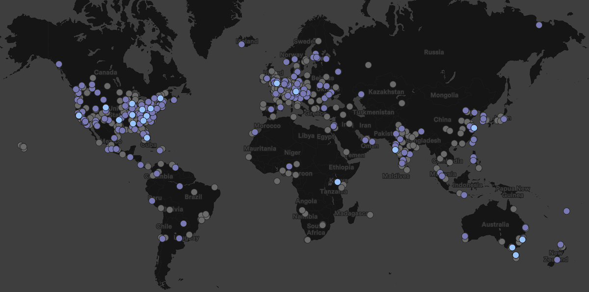 A world map with dots representing competitiors