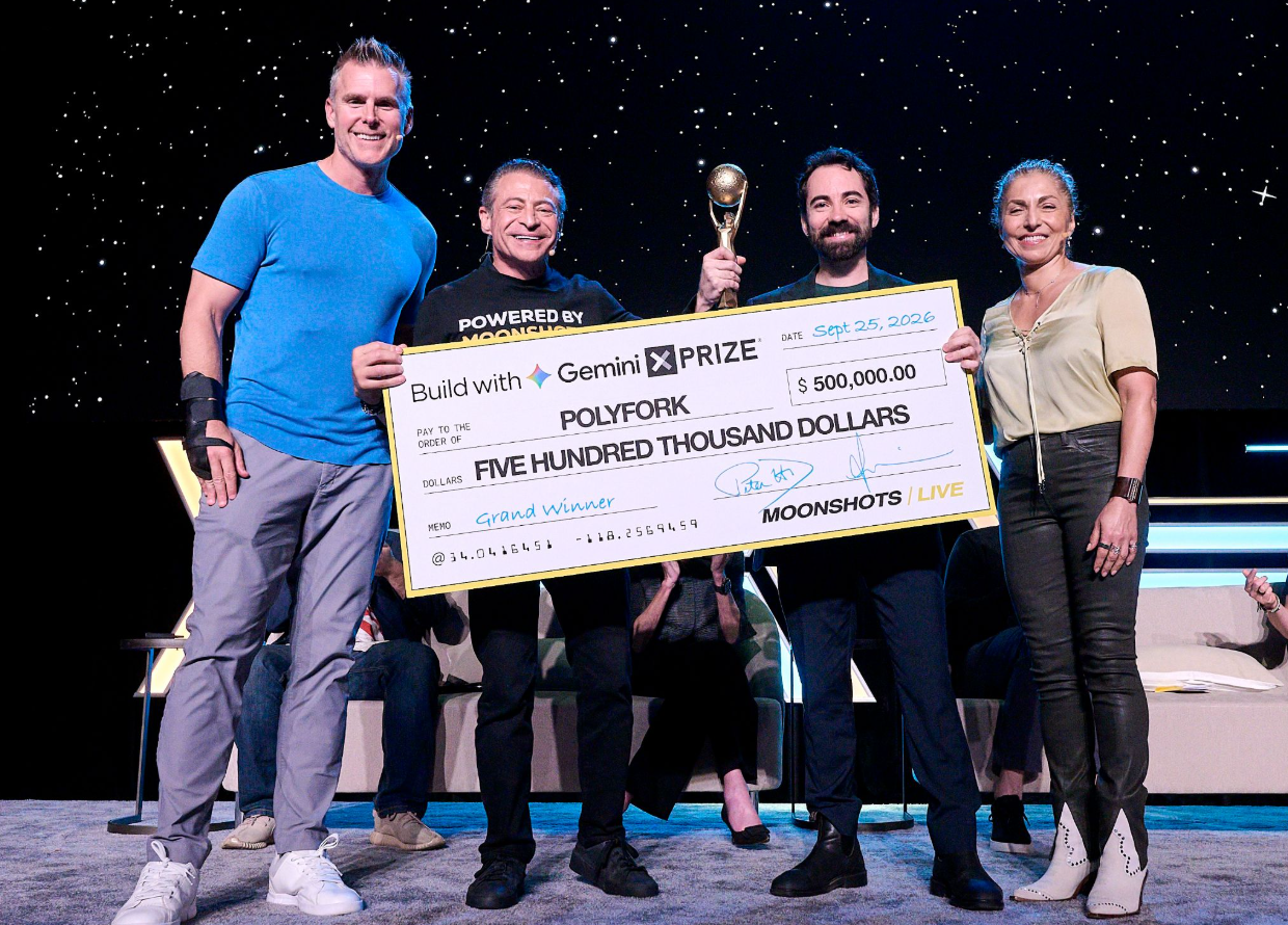 Polyfork winner on stage at Build with Gemini XPRIZE